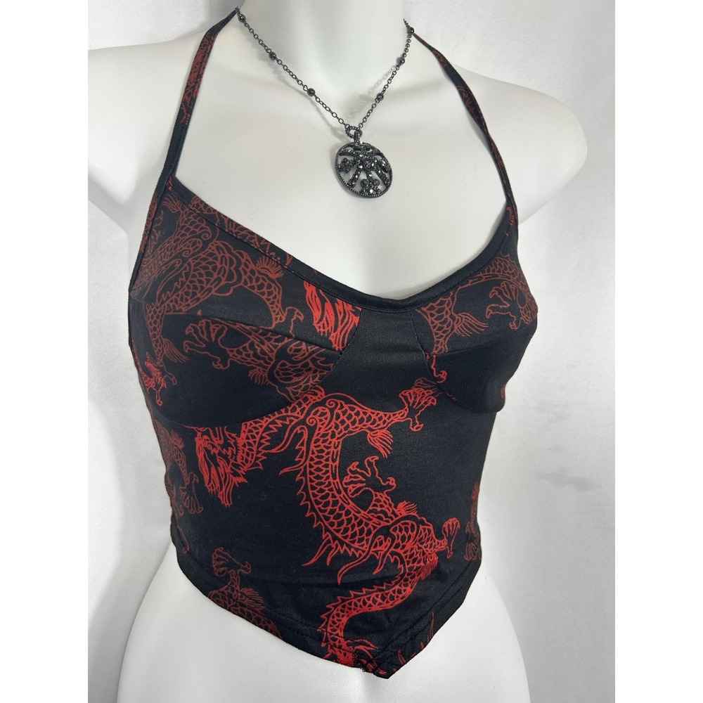 Y2K Dragon Cropped Halter Top Size M Asian Inspired Kawaii Goth Fairy Grunge